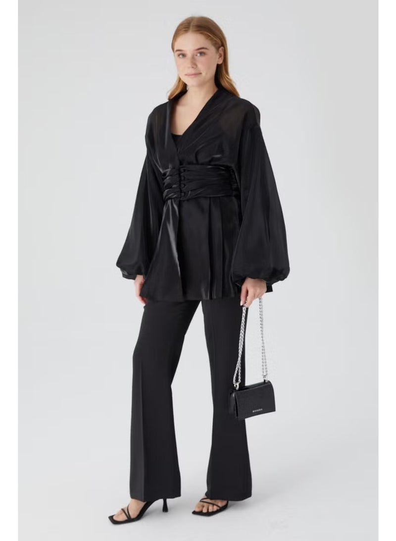 Manuka Satin Flare Leg Trousers Black - Image 2
